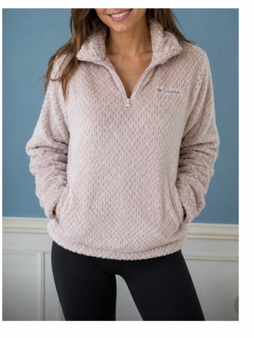 Columbia Fleece Jacket 1/4 Zip Size XL Light Pink Velvety Sherpa Length 25”